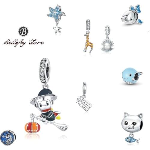 Bellafay Customed Real 925 Silver Unicorn Charms Witch Beads Starfish Fits Original Bracelet Bangles Women DIY Jewelry Making