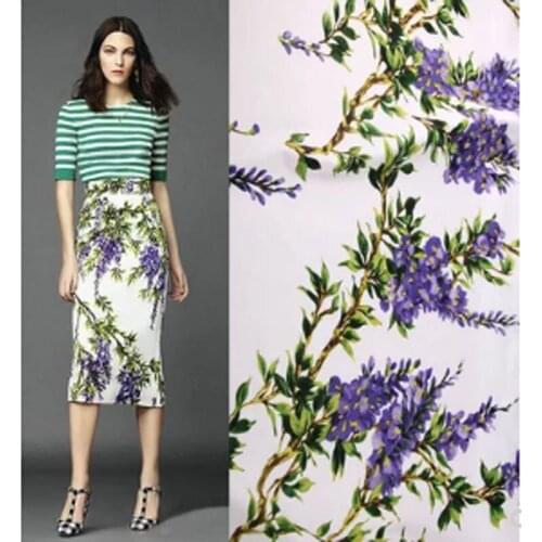 Wide 145cm Fashion Wisteria Flower Print Cotton Fabric White Stretch Cotton Poplin Fabric Sewing Patchwork DIY Girl Dress