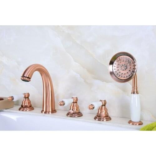 Antique Red Copper Brass Deck 5 Holes Bathtub Mixer Faucet Handheld Shower Widespread Bathroom Faucet Set Basin Water Tap atf232