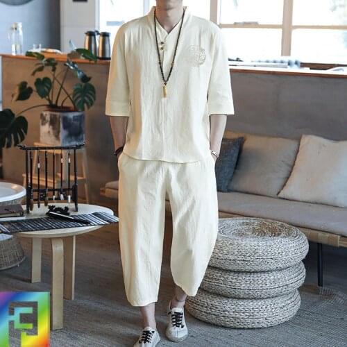 5XL summer men sport suit linen retro quickly dry loose sweatshirt+sweatpant jogger exercise casual workout gym running yoga set