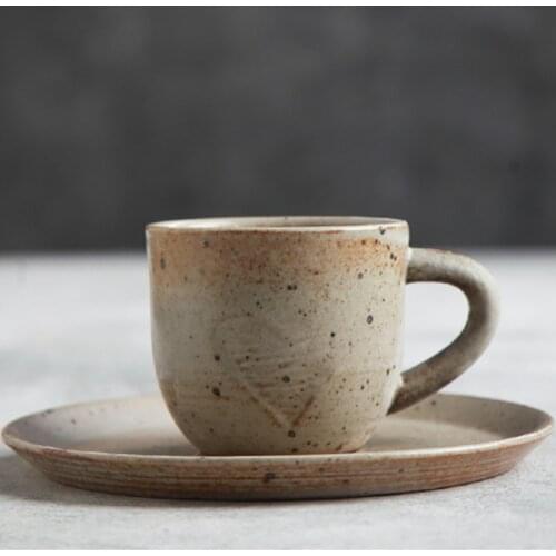 Vintage Handmade Coffee Cup with Saucer Set Antique Ceramic Coarse Pottery Mug Creative Tea Water Drinkware