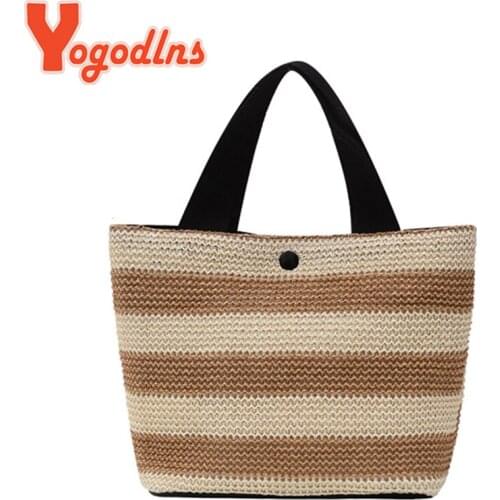 Yogodlns Summer Stripe Straw Bag Women Casual Small Woven Handbag Large Capacity Handmade Beach Bags Rattan Tote Daily Lunch Box