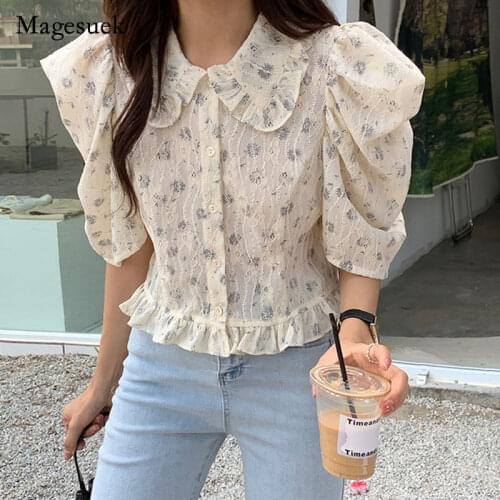 Vintage Cute 2021 Florals Loose Tops High Waist Light Femme Casual Clothe Elegance Sweet Printed Hot Girls Shirts Blusa 14792
