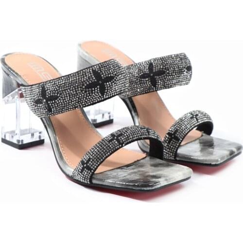 Womens Sandals 2021 Summer New Chain Color Blocking High Heel Square Heel Comfortable Fleece Fashion Womens Shoes 8.5CM