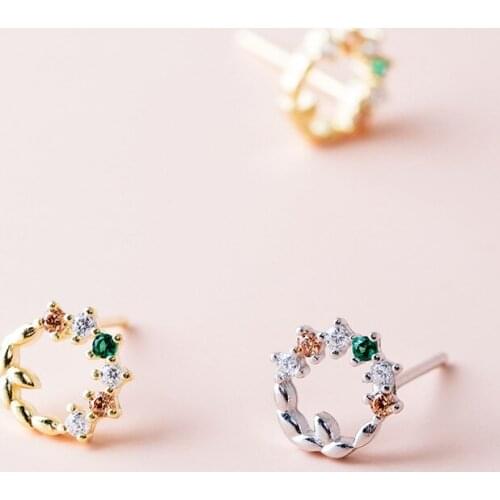 Mini Flower circle cz earrings woman gift 100% S925 silver jewelry fashion earring for women olive leaf circle silver earrings