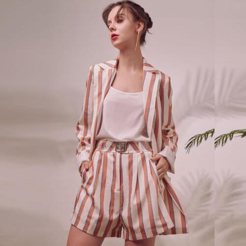 Bella philosophy women 2019 autumn stripe single button blazer office lady high shorts suit two piece set