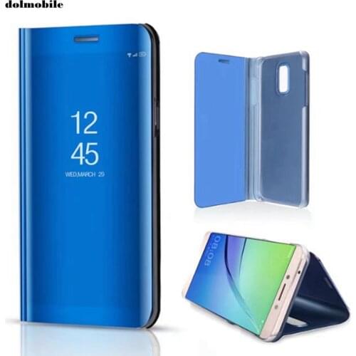 10Pcs Smart Flip Phone Case For Samsung Galaxy J7 Plus + Stand Plating PC Mirror Clear View With Tempered Glass Film