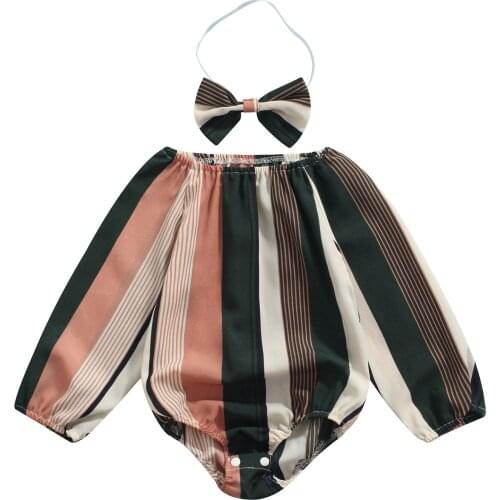 2021 Toddler Newborn Baby 2Pcs Fall Outfits Long Sleeve Off Shoulder Printed Romper with Headband Set