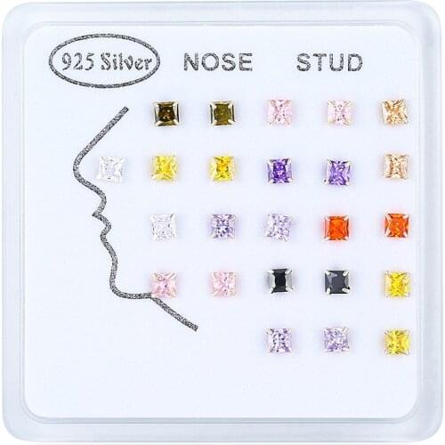 24pcs/pack Inlaid Squre colorful shiny cz zircon 925 sterling silver nose studs 3mm women men Geometric nose piercing jewelry