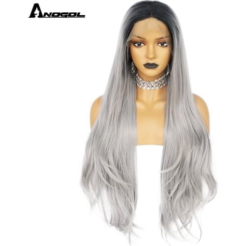 Anogol Grey Wig Long Straight Hair Synthetic Lace Front Wig Glueless Heat Resistant Fiber Wigs For Women Gray Cosplay Wig