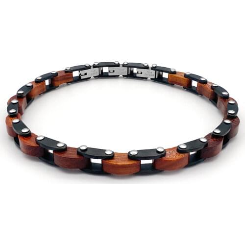 Runda Fashion Personality MenS Natural Solid Wood Bracelet Strap Chain Stainless Steel Jewelry For Boyfriend Gift