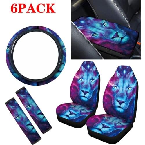 Aimaao 3D Animal lion Car Seat Covers & Steering Wheel Cover Center Console Armrest Cover Automobile Safety Belt