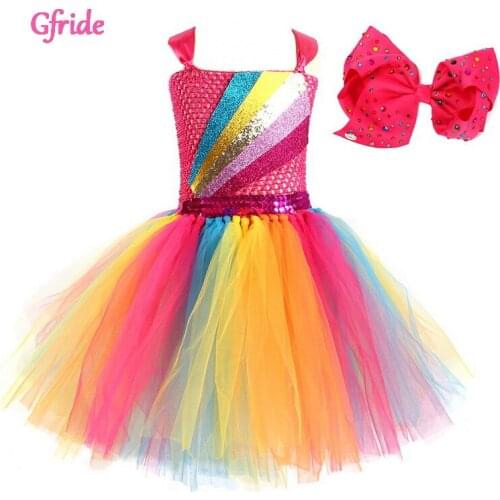 2021 New Summer Girls Mesh Dress With Headband Rainbow Costumes Princess Tutu Childrens Show Dress Sleeveless Clothing 2-10 Yr