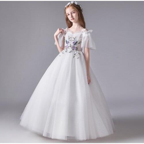 Flower Girl Dress Princess Off The Shoulder Beading Sequined Pleat Ball Gown Floor-Length Tulle Embroidery Kids Party Skirt H109