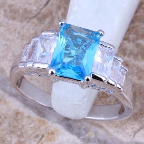 Graceful Rectangle Sky Blue Cubic Zirconia White CZ Silver Plated Womens Jewelry Ring Size 6 / 7 / 8 / 9 R0517