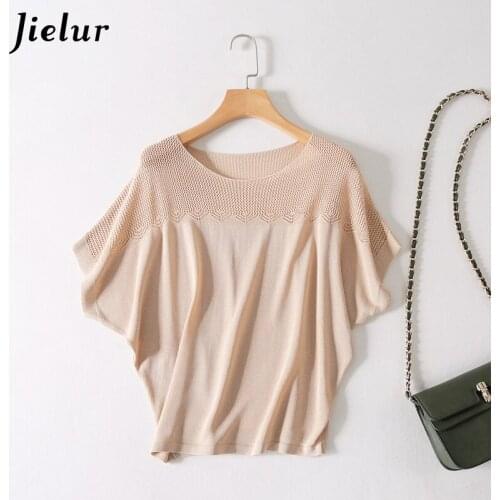 Jielur Ice Silk Short Sleeve T-shirt Women 2021 Summer Loose Batwing Sleeve Tees Knitted All-match New Clothes T-shirts M-XL Top