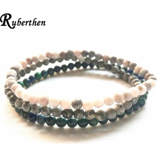 Ruberthen Azurite Map Jaspers Bracelet Set High Quality Pink Zebra Stone Bracelet 4 mm Mini Gem Stone Energy Bracelets