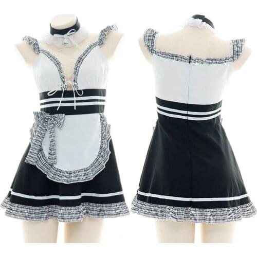 2020 New Two-Dimensional Sexy Suit Maid Costume Japanese Bell Neck Decoration Low-Cut Hollow Cross-Lace Cosplay Fake Two Clothes