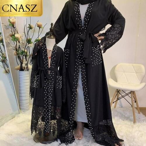 New Nida High Quality Pretty Lace Abaya Luxury White Pearls Diamond Open Abaya Dubai Kimono UAE Modest Black Abayas With Pockets