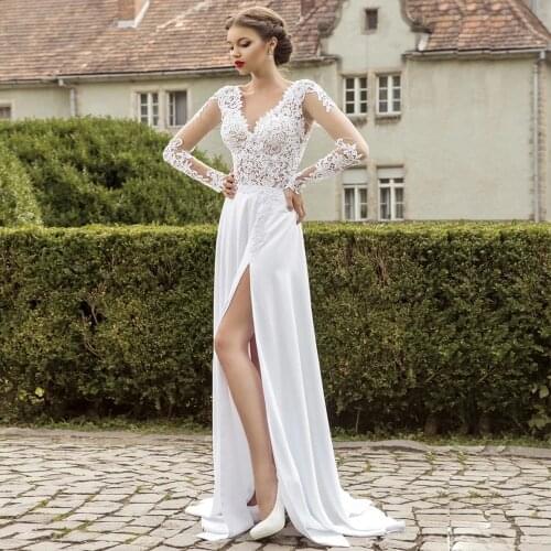 Charming Side Slit V-Neck Wedding Dresses 2021 A-Line Long Sleeve Lace Appliques Sweep Train Chiffon Bridal Gown Backless