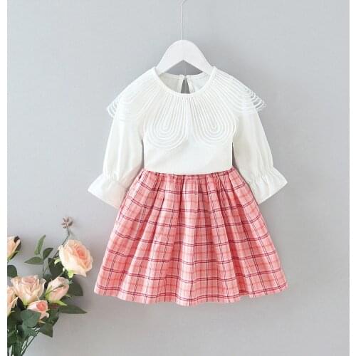 Thunderers Baby Girls Autumn Clothes Petal Collar Top + Plaid Skirt Two-piece Suit 1-5 Years Kids Clothing Set