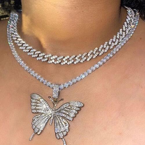 Luxury Butterfly Necklace Pendant For Women Female Rhinestone Cuban Tennis Chain Neck Fashion Jewelry Gold Pink Color