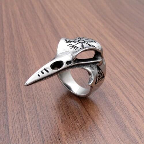 Punk 316L Stainless Steel Vegvisir Runes Futhark Rings Silver Color Black Viking Raven Ring Odin Nordic Animal Head Jewelry