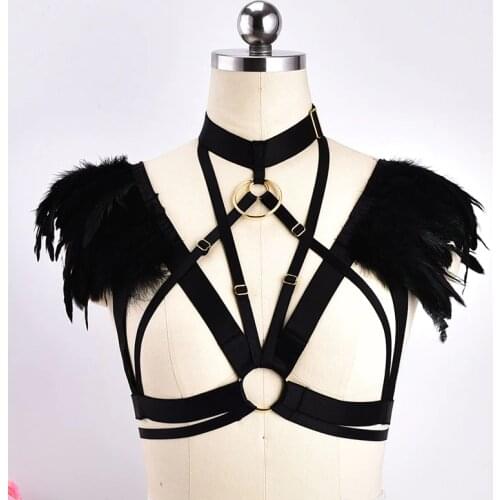 Feather cage / harness bra / Kink / Fetish / Gold Color / Rave / Costume / Samba / Dance / Burlesque / Body Cage / Fetish Wear