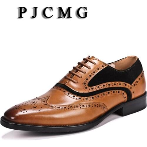 PJCMG New Luxury Breathable Black/Red Dress Genuine Formal Leather Pointed Toe Carved Lace-Up Wedding Business Office Shoes