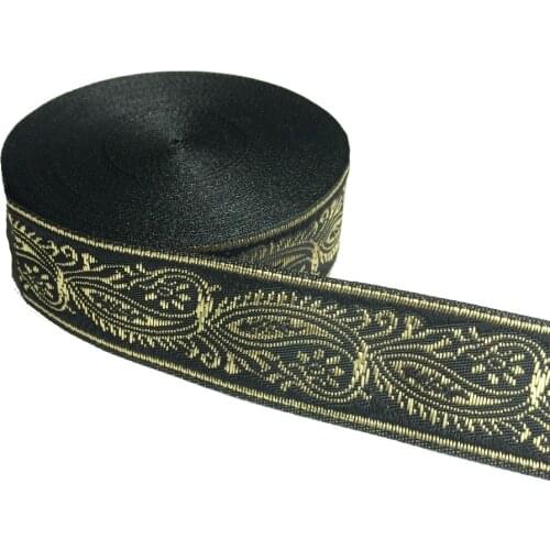 ZERZEEMOOY 1 inch 25MM 10YARD/LOT Woven Jacquard Ribbon Black Background Gold Paisley Pattern MZZD18122605