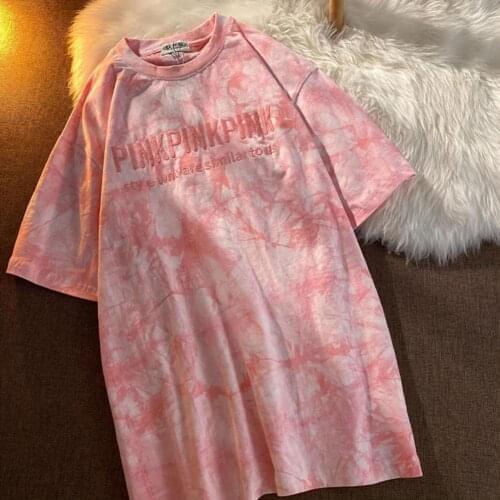 T Shirt Women 2021 Fashion Girls Fashion Women T-shirt Letters Embroidery Tie Dye Print Short Sleeves Loose Blouse for Work