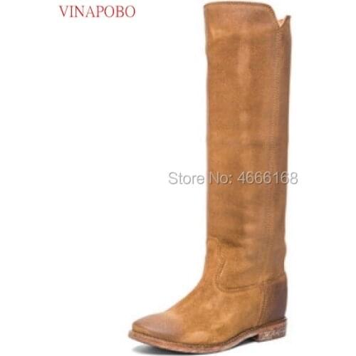 Vinapobo 2019 Top Quality Woman Genuine Leather wedge Knee High Boots Female Height Increasing Long Boots Casual Shoes Lady Boot