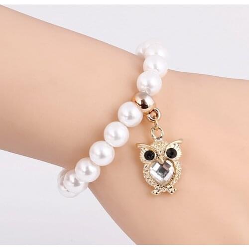 Beautiful Crystal Owl Design Pendant Jewelry High Quality Whole Pearl Beaded Chain Bracelet Womens Banquet Accessory