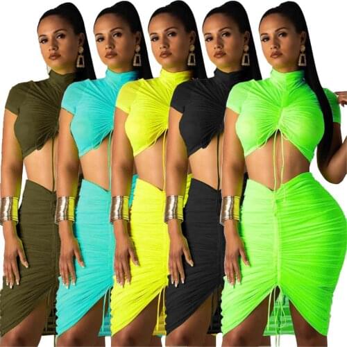 Sexy High Elastic Slim Skirts Sets Short Sleeve Shirring T Shirt Tops Irregular Drawstring Pleated Skirts Elegant Office Lady