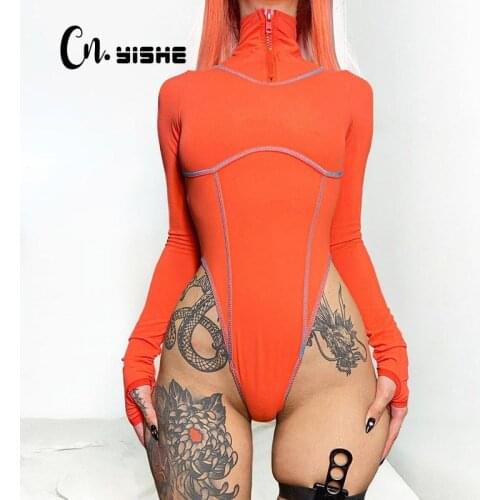 CNYISHE Fall Women Sexy Bodycon Bodysuit Neon Orange Turtleneck Long Sleeve Rompers Women Jumpsuits Body Tops For Women Overalls