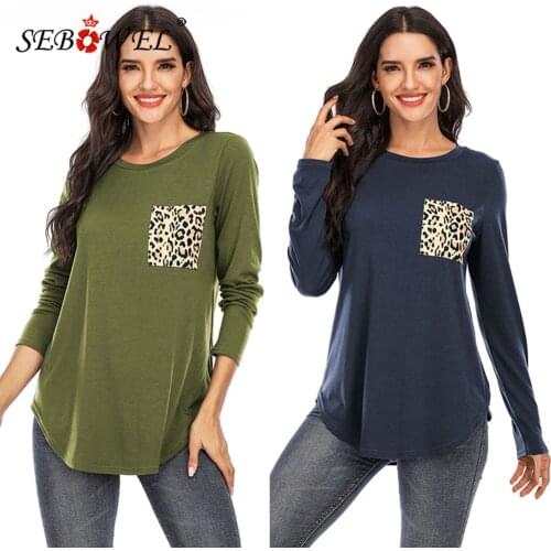 SEBOWEL Womens Leopard Print Pocket Top Autumn Female Long Sleeve T-shirt Casual Basic Solid Color Round Neck T-shirts Clothing