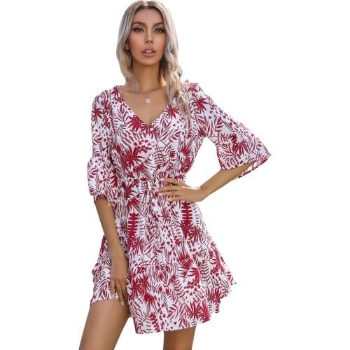 Womens Printed V-neck Flare Sleeve Waist Buttoned Mini Dress Elegant and Flowy Hem Ruffled Bohemian Fashion Casual Beach Dress