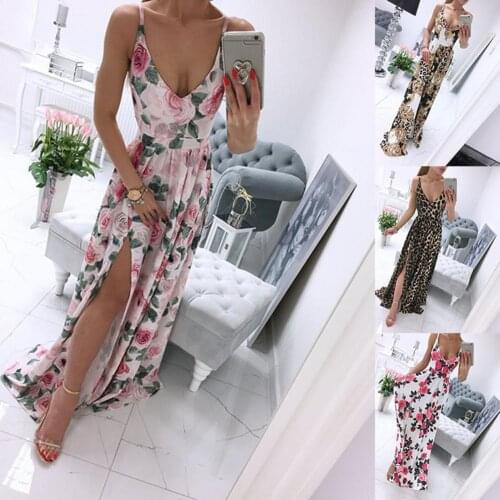 Ladies Chic Bohemian Sling Dress Spaghetti Straps Floral Print Deep V Neck Slit Hem Full-length Dresses for Women 2021