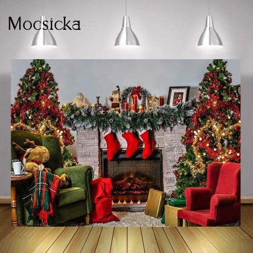 Winter Fireplace Birthday Portrait Backdrop Christmas Trees Candle Sofa Sock Photo Background Living Room Family Party Decor