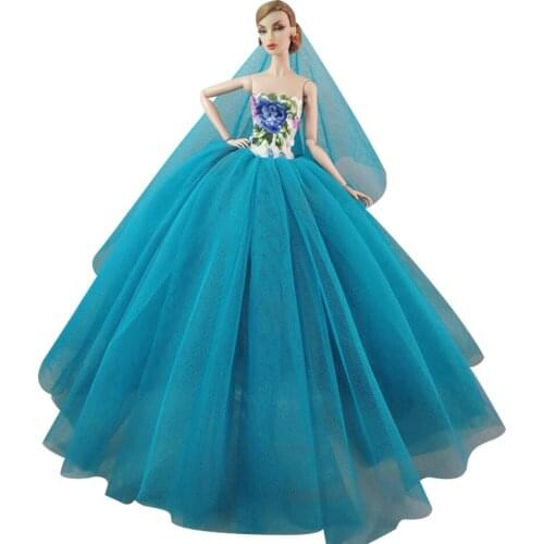 1x Fashion Wedding Dress Party Gown +Veil Blue Lace Costume Clothes Dollhouse Girls Toys for Barbie Doll Accessories