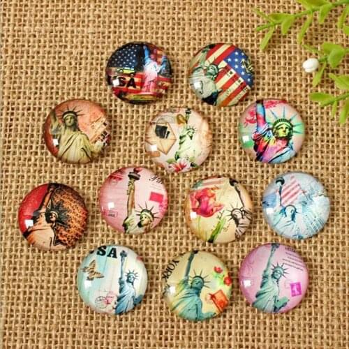 60pcs/lot Mixed Round Flatback The Statue of Liberty Photo Glass Cabochon 8mm--35mm Accessories Fit For DIY Jewerly