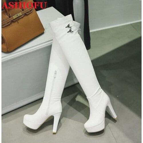 ASHIOFU Handmade Hot Sale Womens Chunky Heels Boots Wedding Shinny Party Knee-high Boots Sexy Evening Winter Fashion Long Boots