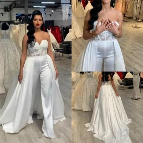 Women Jumpsuits Plus Size Wedding Dresses 2021 Pant Suits Removable Skirt Long Formal Party Gown Applique Lace abiye Bridal Gown