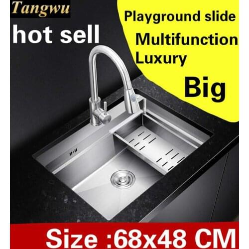 Free shipping Apartment high quality kitchen manual sink single trough sliding board 304 stainless steel big hot sell 68x48 CM