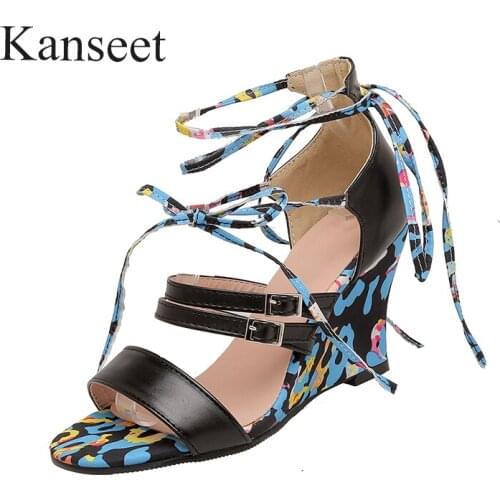 Kanseet Footwear Wedges Heels Women Sandals Fashion Design Party Prom High Heels Lace-Up Female Shoe Big Size 43 Summer 2021 New