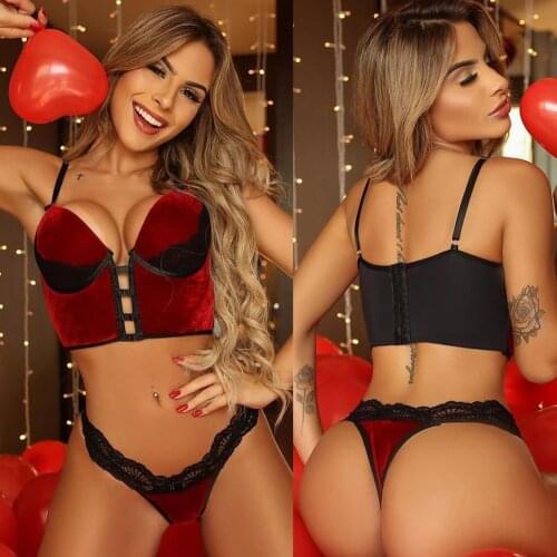 Sexy Women Corset Gold Velvet Lace Underwear Set Hollow Push Up Top Bra Panties Thong Lingerie Split Suit Temptation Sleepwear
