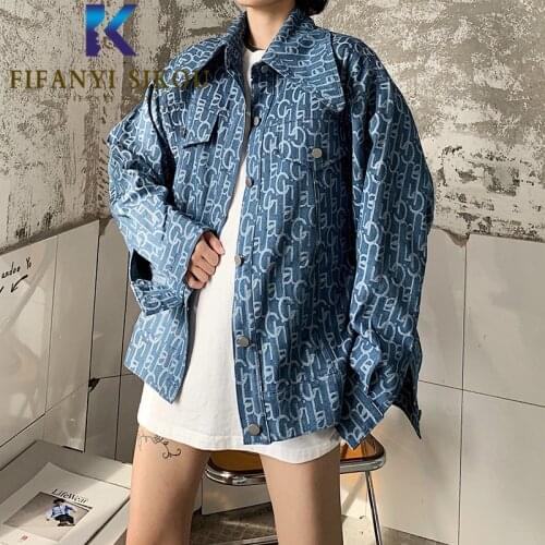 Streetwear Women Jeans Jacket Fashion Print Denim Jacket Pocket Lapel Sequins Jeans Coat Autumn Womens Loose Harajuku Jackets