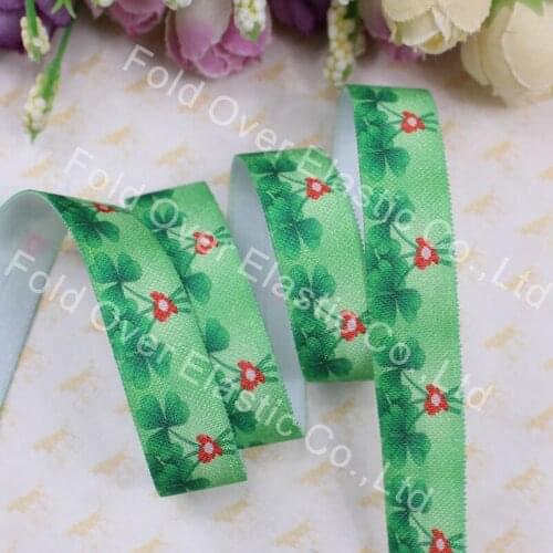 5/8" whitetip clover foe, free shipping, heat transfer of St . Patricks Day fold over elastic, 100yards/lot