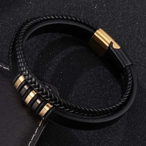 Fashion Double Braided Leather Bracelet Men Black Gold Stainless Steel Magnetic Buckle Women Bangle Christmas Gift