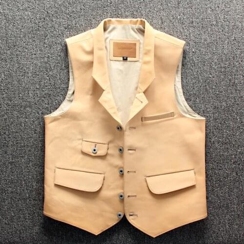 Vest Mens Horse Skin Lapel Multi Pocket Slim Gentlemans Vests Business Casual Genuine leather Horsehide Suit Waistcoat